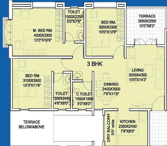 Floor plan of 3 BHK 994 Sq. Ft. Apartment in Treemount Apartment, Pune