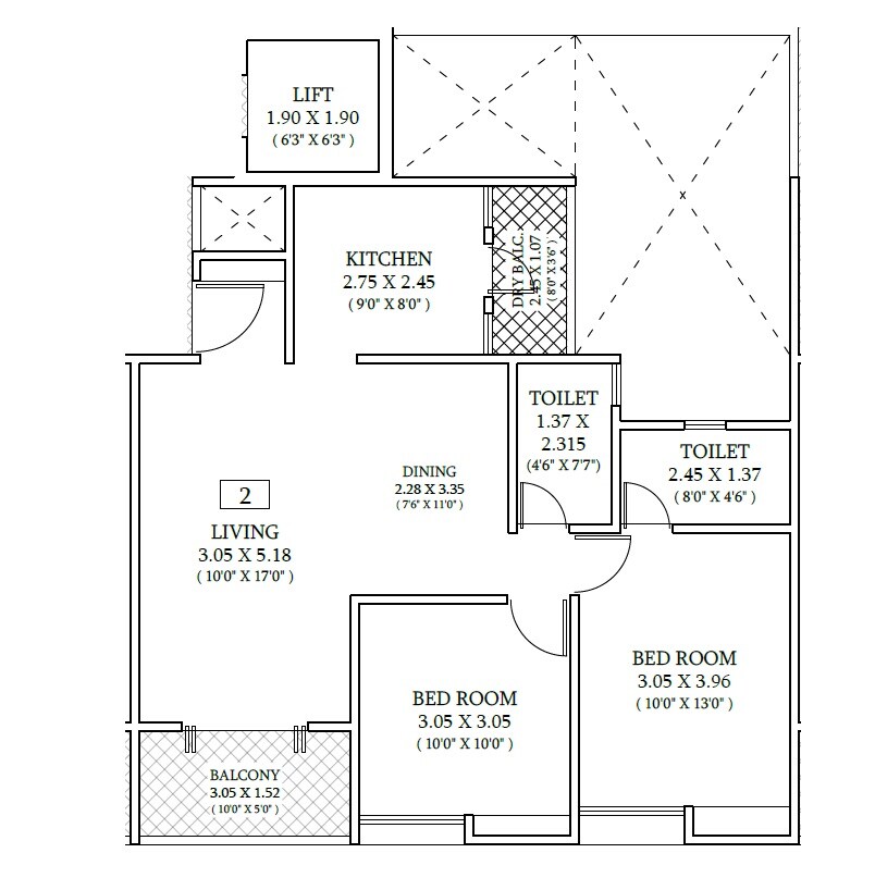 Floor plan of 2 BHK 776 Sq. Ft. Apartment in Triaa 38 Divine, Pune