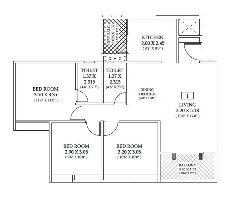 Floor plan of 3 BHK 905 Sq. Ft. Apartment in Triaa 38 Divine, Pune