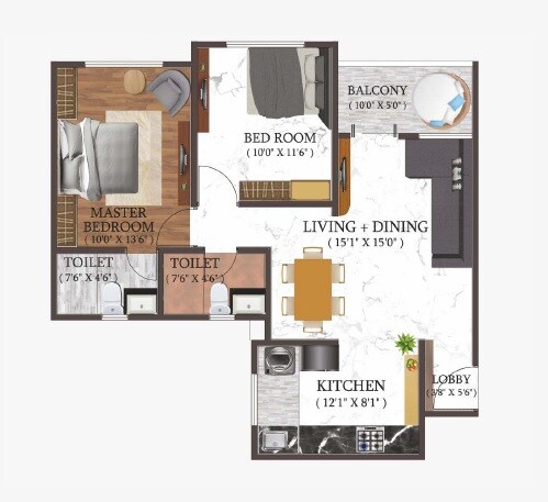 Floor plan of 2 BHK 615 Sq. Ft. Apartment in Triaa Elysia, Pune