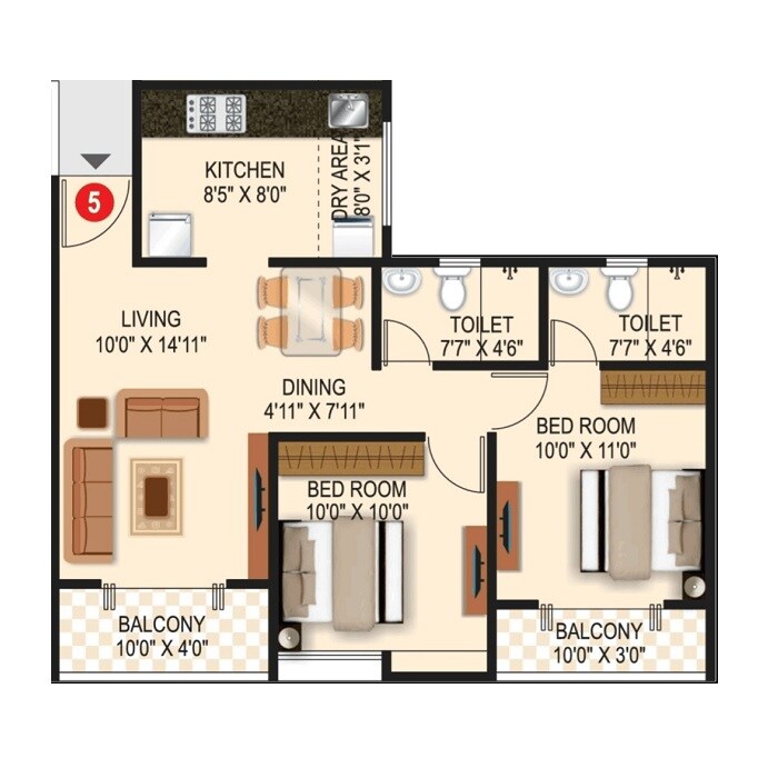 Floor plan of 2 BHK 744 Sq. Ft. Apartment in Triaa Kosmic Kourtyard, Pune