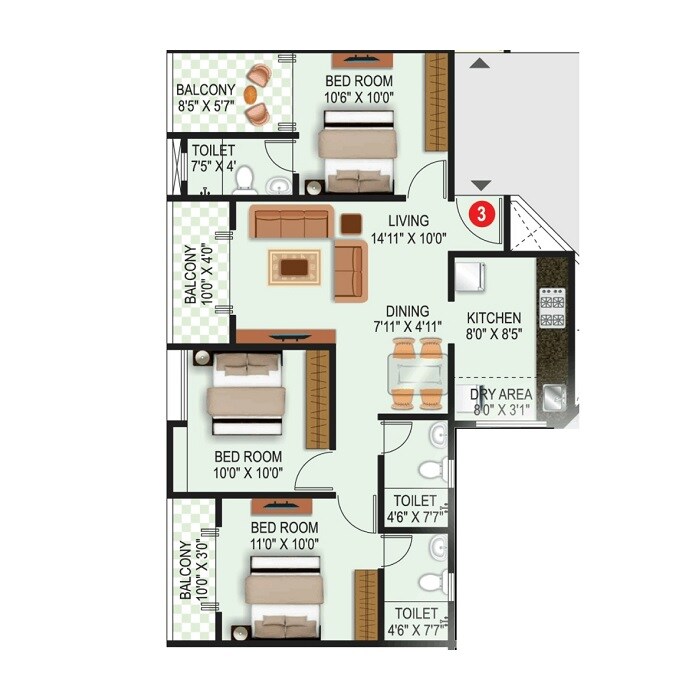 Floor plan of 3 BHK 946 Sq. Ft. Apartment in Triaa Kosmic Kourtyard, Pune