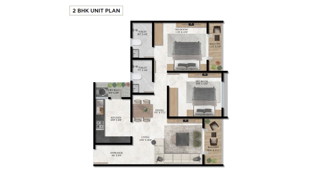 Floor plan of 2 BHK 798 Sq. Ft. Apartment in Triaa Nesterra, Pune