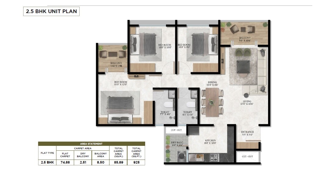 Floor plan of 2 BHK 925 Sq. Ft. Apartment in Triaa Nesterra, Pune