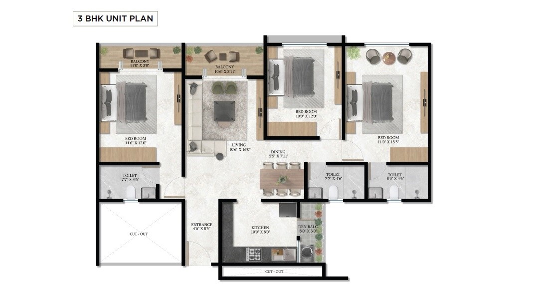 Floor plan of 3 BHK 1033 Sq. Ft. Apartment in Triaa Nesterra, Pune
