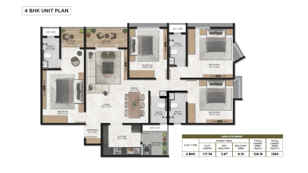 Floor plan of 4 BHK 1390 Sq. Ft. Apartment in Triaa Nesterra, Pune