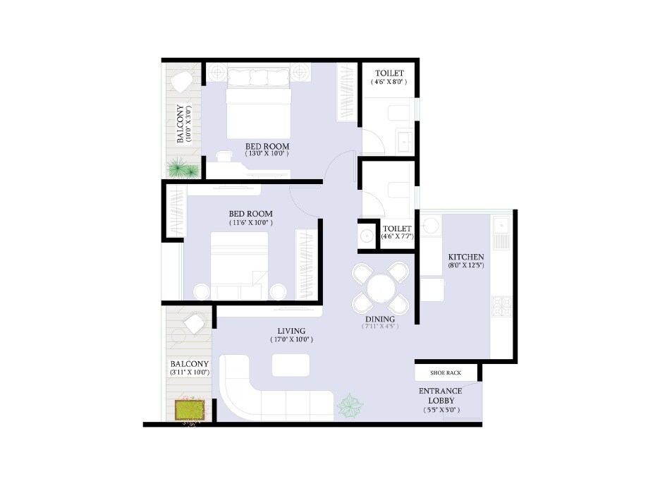 Floor plan of 2 BHK 750 Sq. Ft. Apartment in Triaa One Aretha, Pune