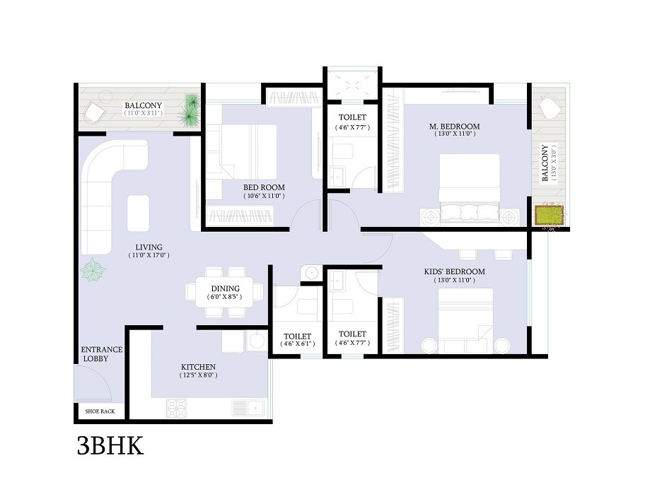 Floor plan of 3 BHK 1052 Sq. Ft. Apartment in Triaa One Aretha, Pune
