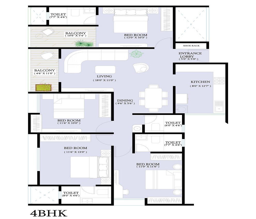 Floor plan of 4 BHK 1250 Sq. Ft. Apartment in Triaa One Aretha, Pune