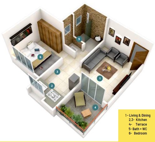 Floor plan of 1 BHK 338 Sq. Ft. Apartment in Triaa Prince Town, Pune