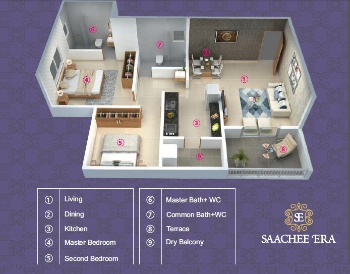 Floor plan of 2 BHK 790 Sq. Ft. Apartment in Triaa Saachee Era, Pune