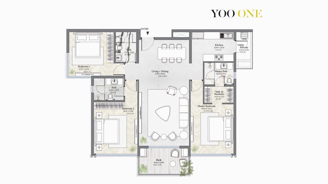 Floor plan of 3 BHK 1680 Sq. Ft. Apartment in Tribeca Yoo One, Pune
