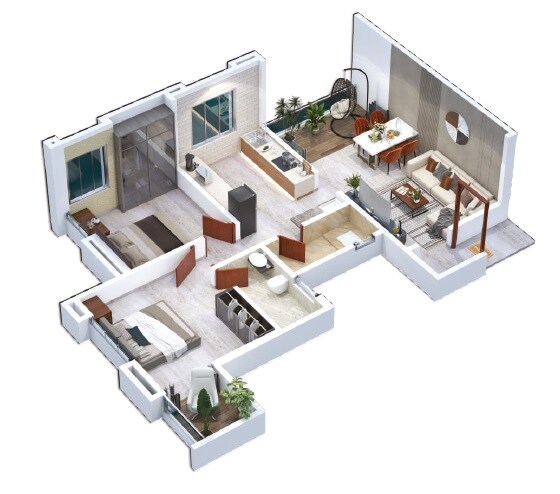 Floor plan of 2 BHK 556 Sq. Ft. Apartment in Trident Gaurinandan Heights, Pune
