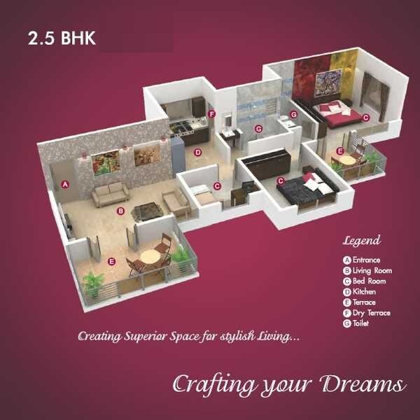 Floor plan of 2 BHK 788 Sq. Ft. Apartment in Trimurti Elina, Pune