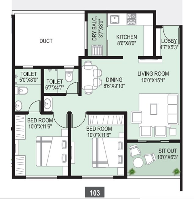 Floor plan of 2 BHK 782 Sq. Ft. Apartment in Trimurti The Rise, Pune