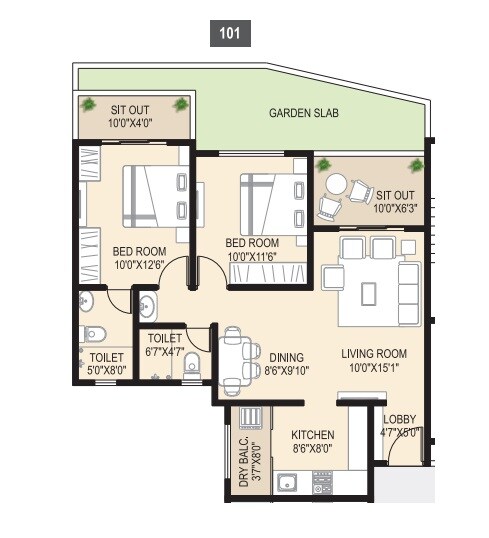 Floor plan of 2 BHK 832 Sq. Ft. Apartment in Trimurti The Rise, Pune