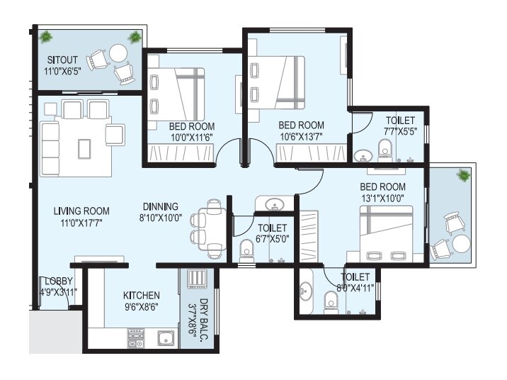Floor plan of 3 BHK 1119 Sq. Ft. Apartment in Trimurti The Rise, Pune