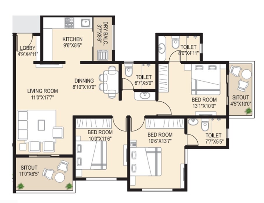 Floor plan of 3 BHK 1125 Sq. Ft. Apartment in Trimurti The Rise, Pune