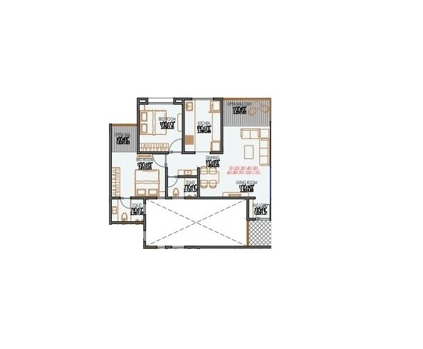 Floor plan of 2 BHK 843 Sq. Ft. Apartment in Trio Alpha, Pune