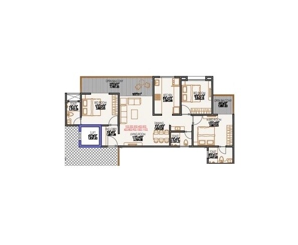 Floor plan of 3 BHK 1100 Sq. Ft. Apartment in Trio Alpha, Pune