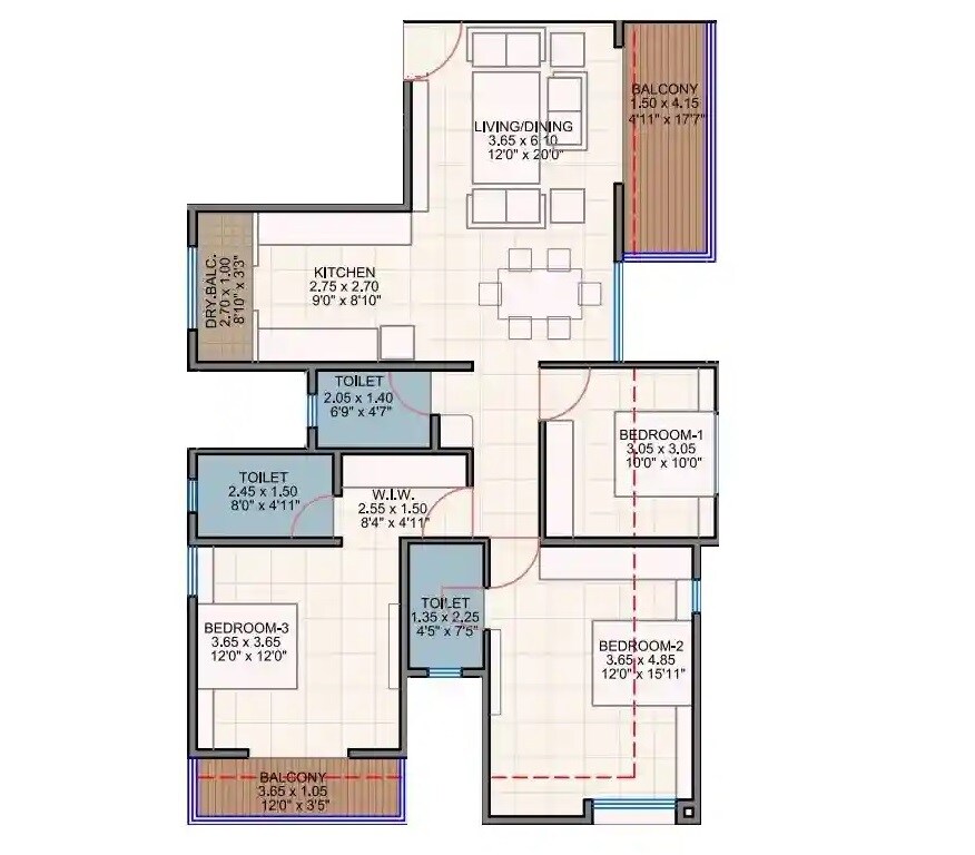 Floor plan of 3 BHK 1094 Sq. Ft. Apartment in Trisha Surekha, Pune