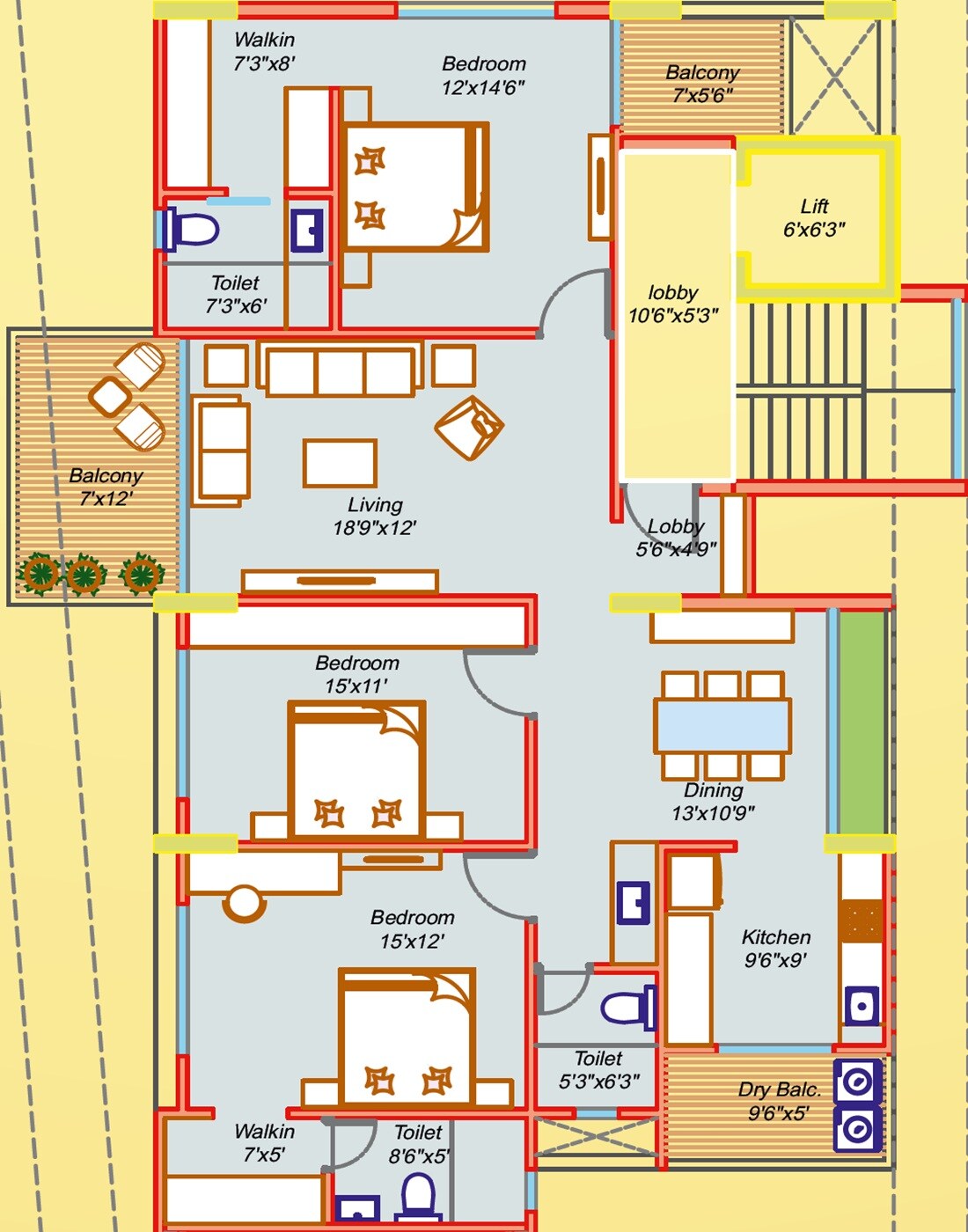 Floor plan of 3 BHK 1482 Sq. Ft. Apartment in Trisha Suvarnaban, Pune