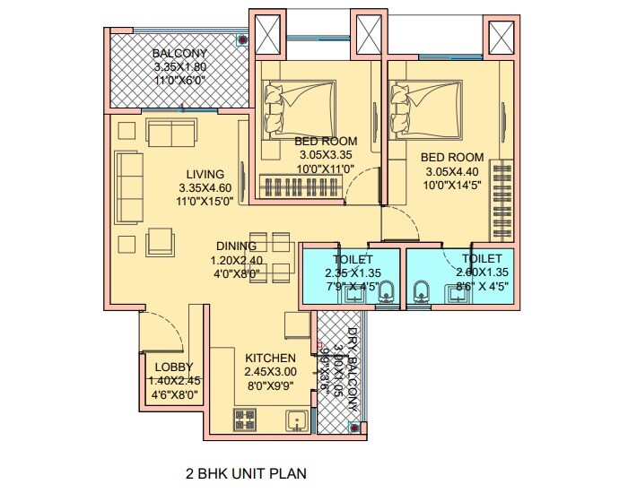 Floor plan of 2 BHK 805 Sq. Ft. Apartment in Tru Meadows, Pune