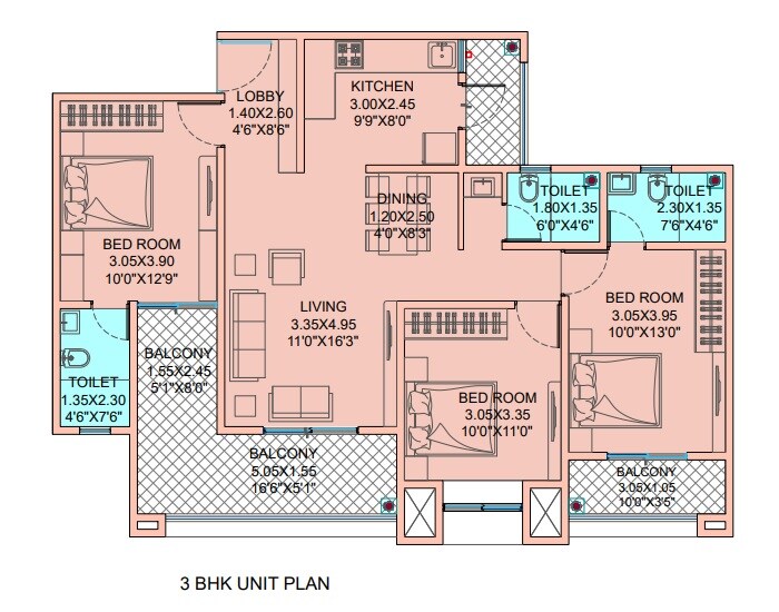 Floor plan of 3 BHK 1083 Sq. Ft. Apartment in Tru Meadows, Pune