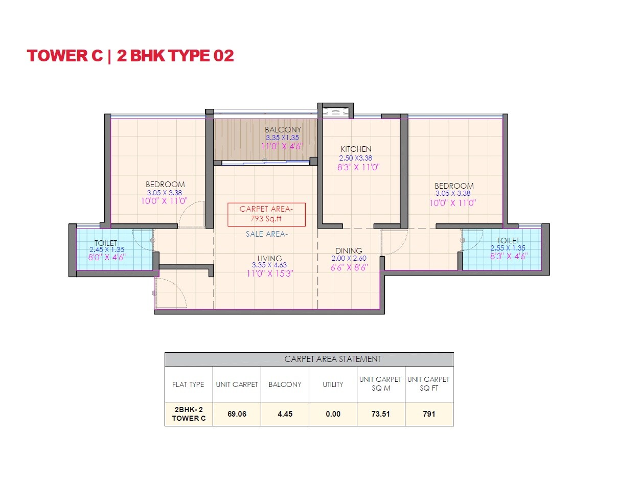 Floor plan of 2 BHK Apartment - 791 sq. ft. in Truspace Prima Altiora, Pune