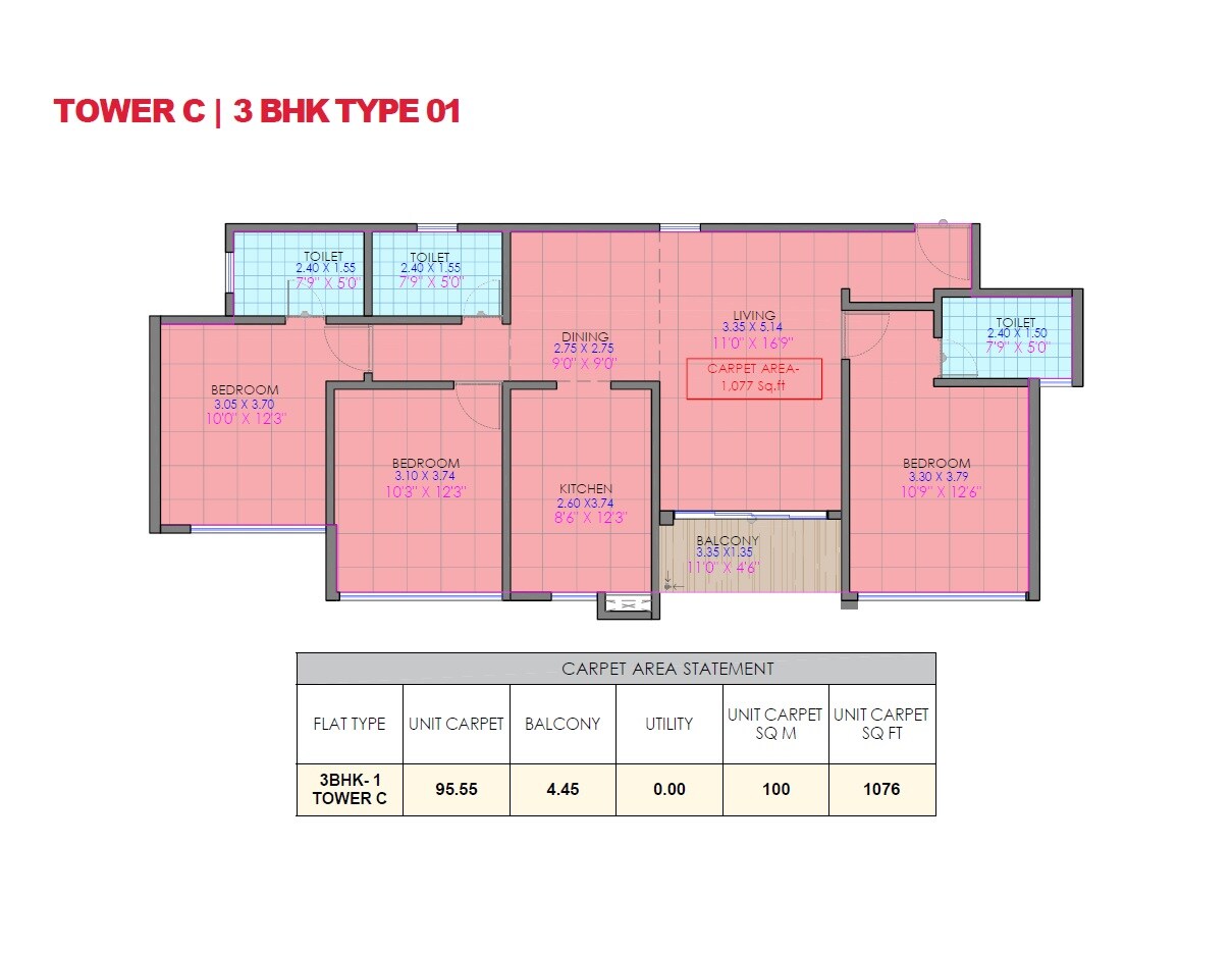 Floor plan of 3 BHK Apartment - 1076 sq. ft. in Truspace Prima Altiora, Pune