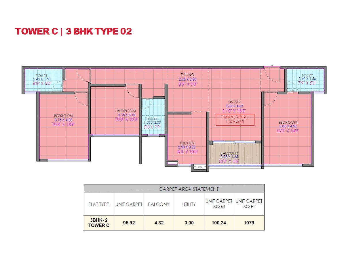 Floor plan of 3 BHK Apartment - 1079 sq. ft. in Truspace Prima Altiora, Pune