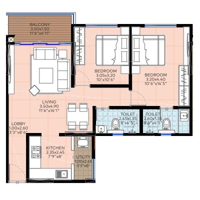 Floor plan of 2 BHK 557 Sq. Ft. Apartment in Truspace Prima Angulus, Pune