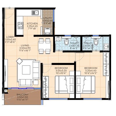 Floor plan of 2 BHK 785 Sq. Ft. Apartment in Truspace Prima Angulus, Pune