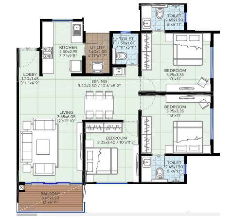 Floor plan of 3 BHK 1073 Sq. Ft. Apartment in Truspace Prima Angulus, Pune