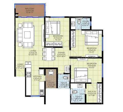 Floor plan of 3 BHK 1162 Sq. Ft. Apartment in Truspace Prima Angulus, Pune