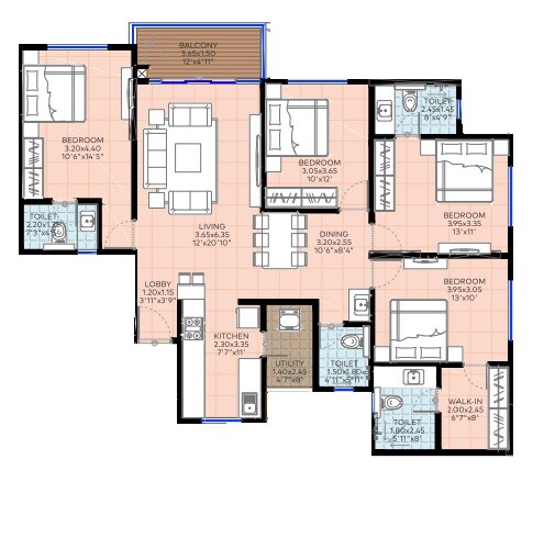 Floor plan of 4 BHK 1373 Sq. Ft. Apartment in Truspace Prima Angulus, Pune