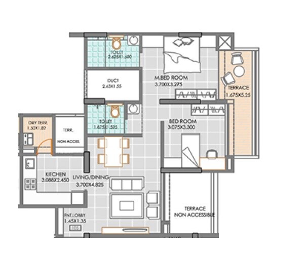 Floor plan of 2 BHK 506 Sq. Ft. Apartment in Truspace Prima Domus, Pune