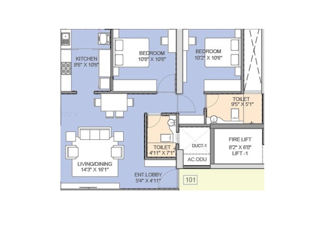 Floor plan of 2 BHK 726 Sq. Ft. Apartment in Trustfort Icon, Pune