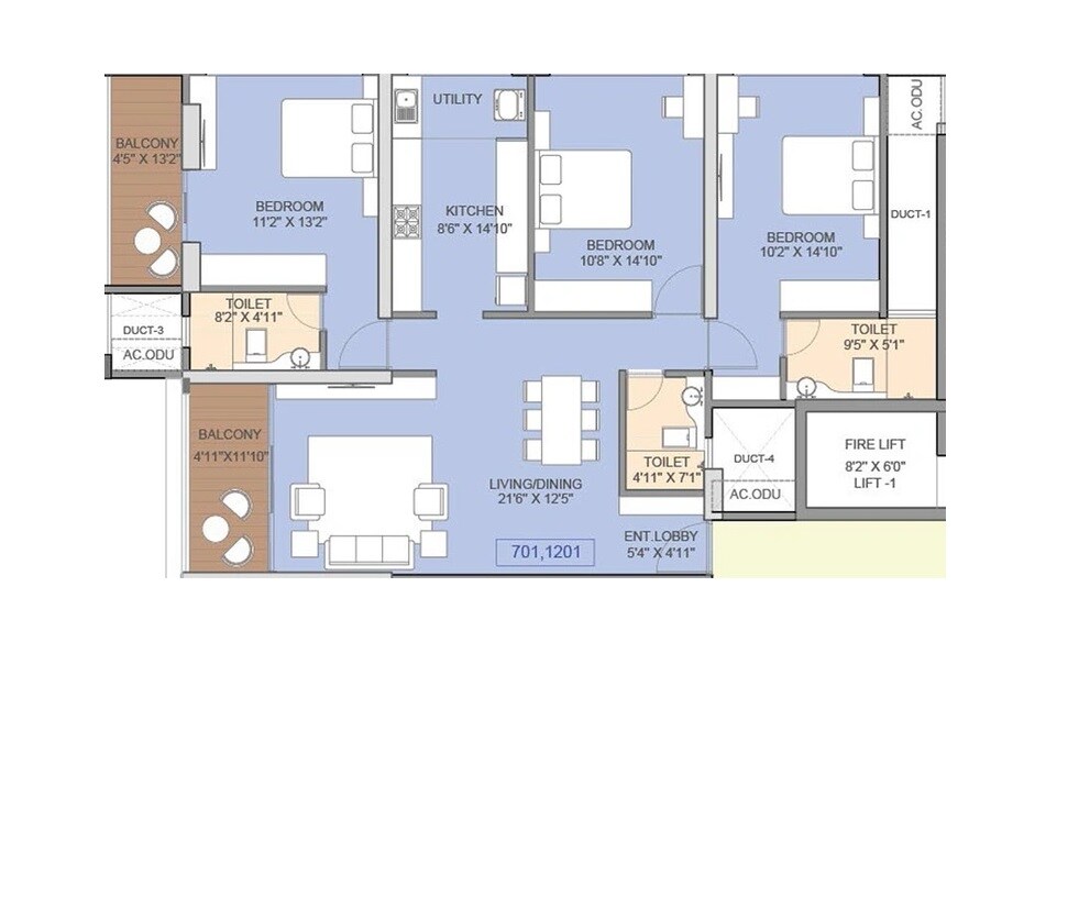 Floor plan of 3 BHK 1310 Sq. Ft. Apartment in Trustfort Icon, Pune