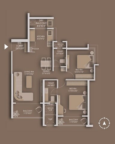 Floor plan of 2 BHK 834 Sq. Ft. Apartment in Tulip Infinity Avana, Pune