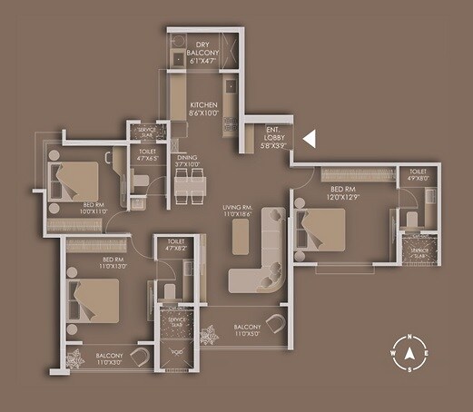 Floor plan of 3 BHK 1045 Sq. Ft. Apartment in Tulip Infinity Avana, Pune