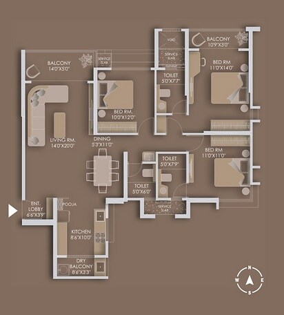 Floor plan of 3 BHK 1266 Sq. Ft. Apartment in Tulip Infinity Avana, Pune