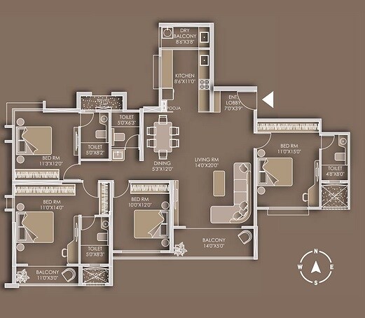 Floor plan of 4 BHK 1450 Sq. Ft. Apartment in Tulip Infinity Avana, Pune