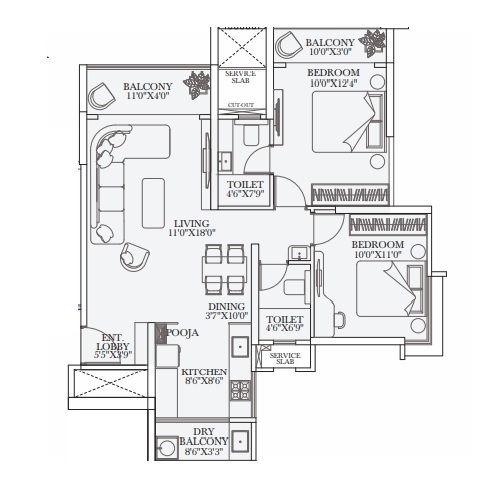 2 BHK 708 Sq. Ft. Apartment in Tulip Infinity Evana