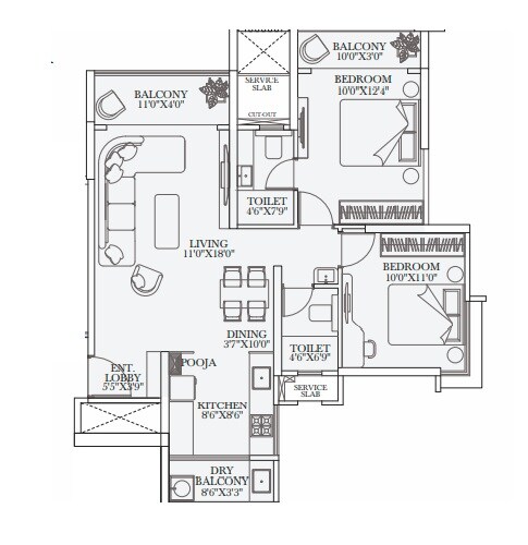 Floor plan of 2 BHK 794 Sq. Ft. Apartment in Tulip Infinity Evana, Pune