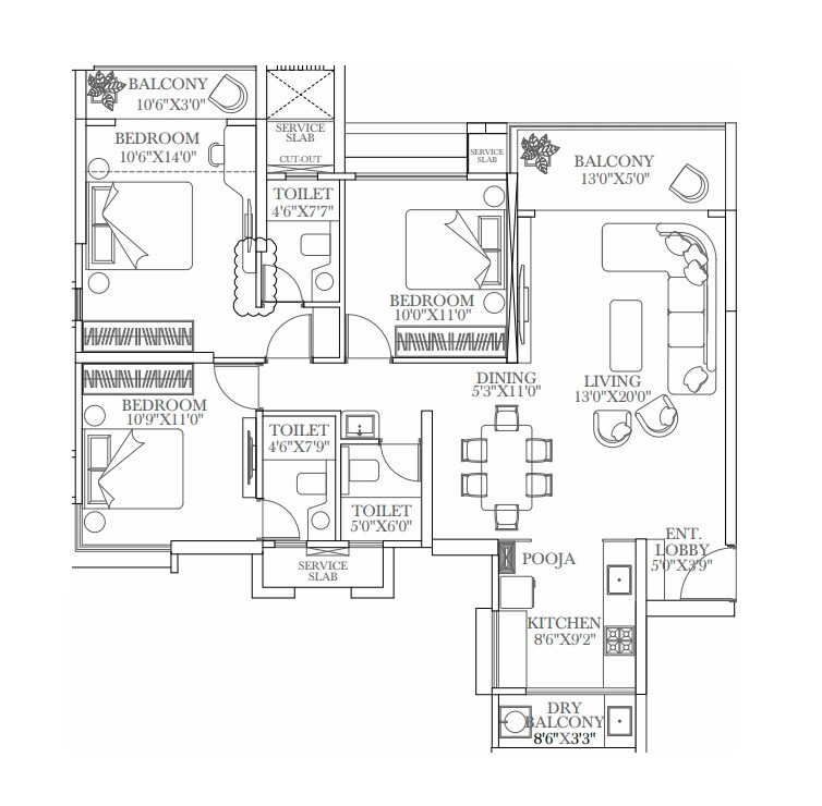 Floor plan of 3 BHK 1050 Sq. Ft. Apartment in Tulip Infinity Evana, Pune