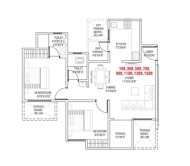 Floor plan of 2 BHK 672 Sq. Ft. Apartment in Tulip Infinity Planet, Pune