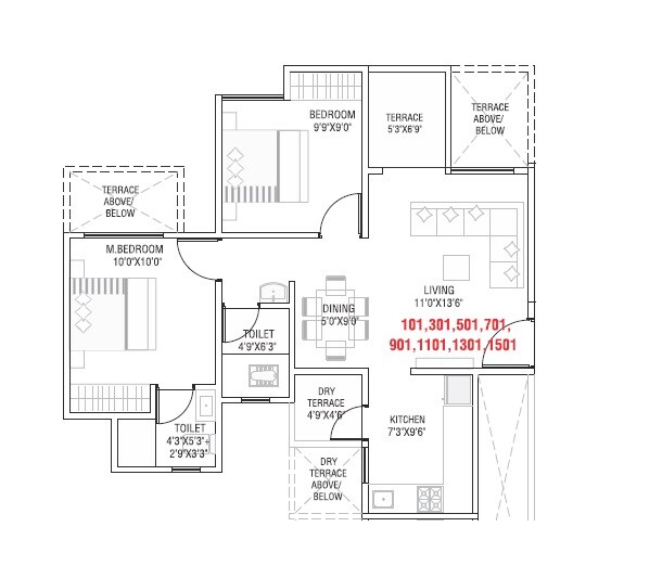 Floor plan of 2 BHK 726 Sq. Ft. Apartment in Tulip Infinity Planet, Pune