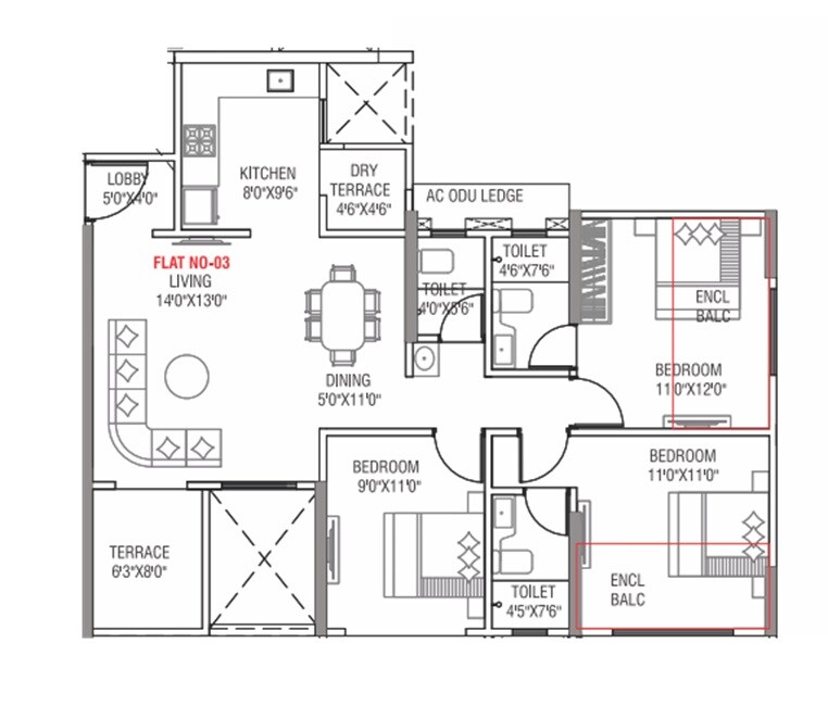 Floor plan of 3 BHK 1005 Sq. Ft. Apartment in Tulip Infinity World, Pune