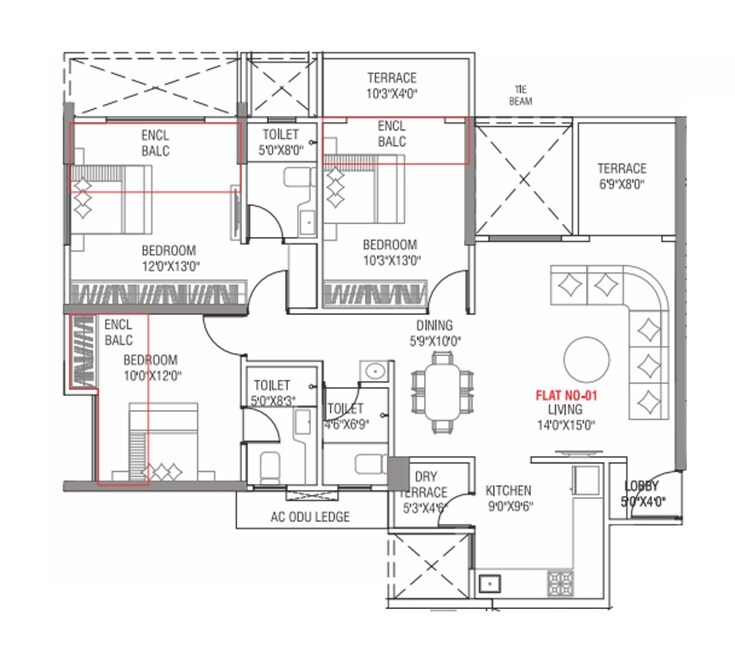 Floor plan of 3 BHK 1157 Sq. Ft. Apartment in Tulip Infinity World, Pune